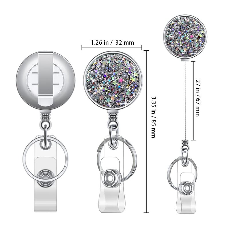 Boutilon Retractable Badge Holder, Retractable Badge Reels,Lightweight Plastic Badge Reel Card Holder with Key Ring Backing Belt Clip for Nurse,Volunteer,Teacher,Student(Pretty Sliver Stars) - Image 2